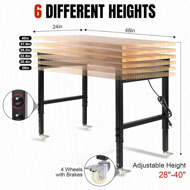 48" L×24”W Adjustable Workbench with Wheels, 28”-40”Height Heavy Duty Table 2000 LBS Load Capacity, Work Bench with Power Outlet & Pegboard, Rubber Wood Work Table for Garage, Office, Workshop, photo 4 of 6