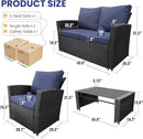 4 Piece Outdoor Patio Furniture Set,Wicker Conversation Sets Outdoor Sectional Patio Sofa Couch with Cushions & Coffee Table for Outside, Garden, Balcony, Porch,Black/Blue by GreenHaven Gardens