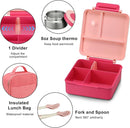 Bento Lunch Box for Kids with 8oz Soup Thermo&Lunch Bag, Leak-Proof Lunch Food Containers with 4 Compartment, Hot Food Insulated Food Jar for Kids School (Pink) by TinyTreasures Baby Boutique