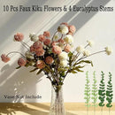 Faux White & Pink Kiku Flower, 10 Stems with 5 Heads Each & 4 Branches Eucalyptus Stems, Artificial Small Mini Chrysanthemum Flowers for Aesthetic Room Decor, Floral Arrangements Centerpiece by CozyNest Decor