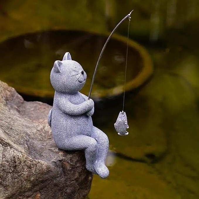 Goodeco Fishing Cat Garden Statue – 10" Little Cat Fisher for Garden Pond Decor, Poolside Statue with Glow in Dark Pebbles Included,Great Gifts for Mom, Women & Birthdays (Cat), photo 6 of 6