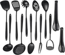 304 Stainlss Steel Matte Kitchen Utensils Set, 12 Pcs Long Metal Cooking Utensil Gadgets Tools Set with Spatula, Ladle, Spoon, Ladle, Skimmer, Tunner, Pasta Server, Tongs(Black, Dishwasher Safe) by CozyNest Decor