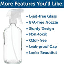 Sally's Organics® Empty Clear Glass Spray Bottles - Refillable 16 oz Containers for Essential Oils, Cleaning Products, Aromatherapy, Misting Plants, or Cooking - Sprayer with Mist and Stream - 2 Pack by GreenHaven Gardens