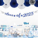 Navy-Blue White-Silver Party-Decoration Graduation Banner - 14pcs Kits Cap Garland Streamers, Royal Paper Tissue Pom Poms Flowers Fans Honeycomb,Class Of 2025 College High School Grad Decor Hugfond by CozyNest Decor