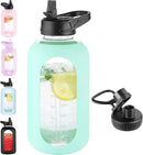 64 oz Glass Water Bottle With Straw and Handle, Half Gallon Sports Motivational Water Jug Flask with Silicone Sleeve, Large Water Cup with Time Marker for Travel, Gym, Seafoam by CozyNest Decor