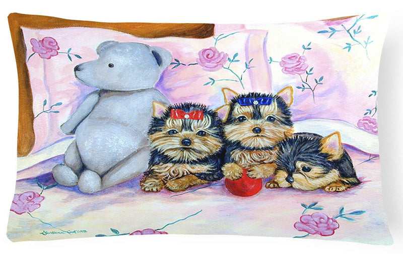 Yorkie Puppies three in a row Decorative   Canvas Fabric Pillow