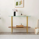 Oval Glass Console Table for Living Room, Foyer & Entrance, 2-Tiers Mid-Century Modern Sofa Table with Clear Glass Top, Walnut Finish Wood Shelf and Gold Finish Frame by CozyNest Decor
