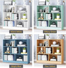 IOTXY Open Shelf Low Bookcase - Wooden 3-Tier Floor Standing Display Cabinet Organizer with Base, 7 Cubes Short Horizontal Bookshelf in Bright Blue by CozyNest Decor