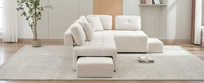 91.73" L-shaped Sofa Sectional Sofa Couch with 2 Stools and 2 Lumbar Pillows for Living Room, Biege