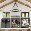 Black Wagon Wheel Chandelier, 8-Light Farmhouse Crystal Chandeleirs with Adjustable Height,Ceiling Hanging Light Fixture Pendant Lights for Living Room,Bedroom,Kitchen Island,Dining Room,Bedroom by CozyNest Decor