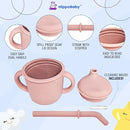 Silicone Transition Sippy Cup for 6+ month old | Includes 1 Toddler straw cup & 1 Baby Sippy Cup with Handles 5 oz | Perfect for Baby Led Weaning (Rose Quartz/SKy, 5 oz) by TinyTreasures Baby Boutique