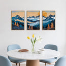 Celestdeco Blue Woodcut Mountain Framed Canvas Wall Art Set, Boho Abstract Ridge Wall Decor, Pine Tree Landscape Wall Painting, Sunrise Forest Art Print for Living Room, Bedroom, Office - 24"X36"X3 by CozyNest Decor