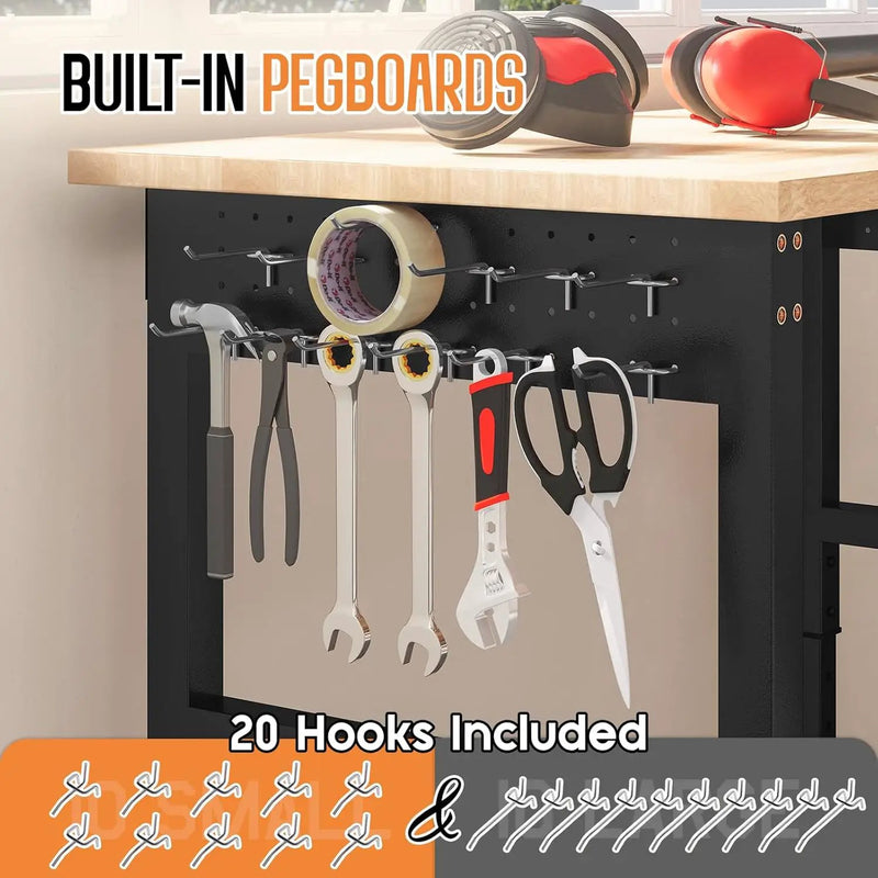 Albott 48" Adjustable 2-Tier Workbench with Solid Wood Top, Max 2000lbs Capacity, Built-in Power Strip with 4 AC Outlets & 2 USB Ports, Pegboard & 20 Hooks, Shop Garage Office, photo 6 of 6