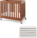 Foundations Boutique Folding Hotel Crib and Sheet Bundle - Includes Wooden Mini Crib with 3" Foam Mattress (Cherry) and 6-Pack White Fitted Compact Sheets by TinyTreasures Baby Boutique