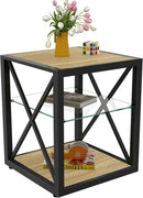 Farmhouse End Table, Modern Side Table with 3-Tier Storage Shelf, Square Rustic Nightstand, Accent Tea Table, for Bedroom Office Living Room, Brown, Natural Wood, Glass, Metal by CozyNest Decor