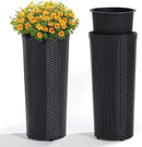 IDZO All Weather Wicker Planters for Outdoor Plants Set of 2, 24 inch Tall Black Planter for Front Porch, Patio, Balcony, Indoor Usage - Round Rattan Flower Pots by CozyNest Decor