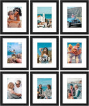 Vittanly 8x10 Picture Frames Set of 9, Shatter Resistant Plexiglass, Display 5x7 Pictures with Mat or 8x10 without Mat, Photo Frames for Wall or Tabletop, Engineered Wood, Black by CozyNest Decor