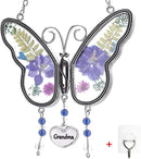 Laraine Butterfly Suncatcher with Pressed Flower Wings Mom Mother's Day Butterfly Glass Wind Chime Ornament Charm with Metal Heart Gifts for Mom Grandma Birthday (Purple Grandma (with Free Hook) by GreenHaven Gardens
