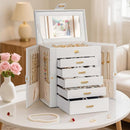 AKOZLIN 6-Tier Jewelry Box Organizer Functional 5 Drawers Leather Jewelry Storage Case for Women Girls Ring Necklace Earring Bracelet Holder Organizer with Mirror White by TinyTreasures Baby Boutique