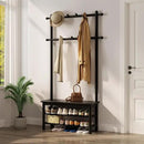 Coat Rack with Shoe Storage, Wooden Hall Tree with Bench, 11 Hooks and 2-Tier Storage Shelves, 3-in-1, Entryway Bench with Coat Rack (31.5"-Deep Black) by CozyNest Decor