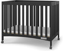 Child Craft London Mini Compact Folding Portable Crib with 2” Crib Mattress and 2 Easy Roll Locking Wheels, Durable Pine Wood Construction (Ebony Black) by TinyTreasures Baby Boutique
