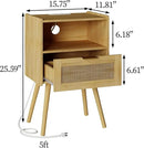 Rattan Nightstand with Outlet,Modern Bedside Table with Storage Drawer and Open Wood Shelf, for Living Room, Bedroom and Small Spaces, Accent Night Stand with Solid Wood Legs,Yellow Oak by CozyNest Decor
