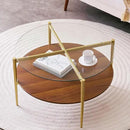 Round Coffee Table, Mid-Century Modern Design, D30“ x H17”, for Living Room, 2-Tier Structure, Clear Glass Top and Walnut MDF Shelf, Sleek Conical Metal Legs with Gold Finish by CozyNest Decor