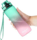 OLDLEY 25 oz Motivational Water Bottle, Sports Water Bottle with Strap, Leakproof BPA Free Large Water Bottles for School, Gym, Travel, Outdoor, Tritan, Green&Pink by CozyNest Decor
