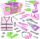 Kids Tool Set, Pink Toy Tool Set for Girls with Electric Drill, Hammer, Planer, Working Vest, Accessories and Storage Box, Construction Pretend STEM Toy Tool Kit for Toddlers Age 3 Years and Up by TinyTreasures Baby Boutique