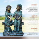 Alpine Corporation 16" Tall Indoor/Outdoor Girl and Boy Sitting on Bench with Puppy Statue Yard Art Decoration by GreenHaven Gardens