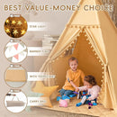 Teepee Tent for Kids with Mat, Cotton Canvas Kids Teepee with Pompom for Toddlers Indoor Play Tent for Girls Boys with Stars Lights, Carry Bag, Banner Flag (Khaki) by TinyTreasures Baby Boutique