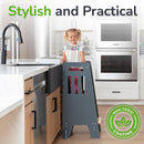 Toddler Tower with a Sliding Door and 3 Adjustable Heights - Complete Toddler Kitchen Stool Helper with Support Feet - Safe Design for 18+ Months to 6-Year-Old Kids - Gray by TinyTreasures Baby Boutique
