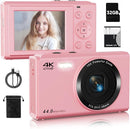 Upgrade Digital Camera, FHD 4K 44MP Autofocus Digital Point and Shoot Video Camera with 16X Zoom, 32GB SD Card, Compact Digital Camera Cheap for Teens Boys Girls Kids Pink Camera by TinyTreasures Baby Boutique