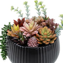 MyGift 10 Inch Modern Artificial Succulent Arrangement Potted in Matte Black Ribbed Ceramic Round Planter, Decorative Plant Pot with Assorted Faux Mini Succulents by CozyNest Decor