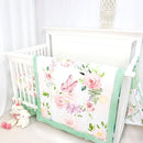 4-Piece Crib Bedding Set, Baby Girl Crib Bedding Set Butterflies Floral Nursery Bedding Set Includes Comforter, Fitted Crib Sheet, Crib Skirt, and Diaper Stacker, Green & Pink by TinyTreasures Baby Boutique