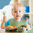 10 Pack Silicone Baby Feeding Set, Toddlers Led Weaning Feeding Supplies with Suction Baby Bowl Divided Plate Adjustable Bib Soft Silicone Spoon Fork, Infant Self Eating Utensil Set (Blue, Green) by TinyTreasures Baby Boutique