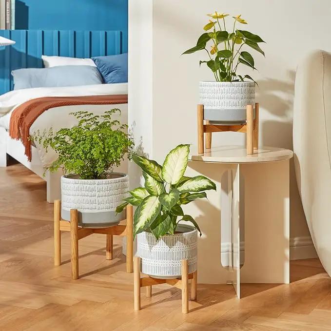 LA JOLIE MUSE Ceramic Plant Pot with Wood Stand - 7.3 Inch Modern Round Decorative Flower Pot Indoor with Wood Planter Holder, Slate Blue and White, photo 4 of 5