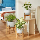LA JOLIE MUSE Ceramic Plant Pot with Wood Stand - 7.3 Inch Modern Round Decorative Flower Pot Indoor with Wood Planter Holder, Slate Blue and White by GreenHaven Gardens