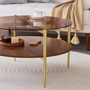 Round Coffee Table, Mid-Century Modern Design, D30 x H17, for Living Room, 2-Tier Structure, Amber Glass Top and Walnut MDF Shelf, Sleek Conical Metal Legs with Gold Finish by CozyNest Decor