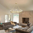 Gold Wagon Wheel Chandelier, 36 Inch Brass Chandeliers with Unique Glass Shade, 9-Light Crystal Farmhouse Wagon Wheel Chandeliers for Dining Room, Round Chandelier for Living Room, Foyer, Entryway