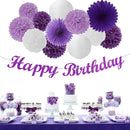 Purple White Birthday Party-Decorations Paper-Flowers - 14pcs Happy Banner Lavender Lanterns Tissue Pom Poms,Lilac Streamers Garland Fans,Women Girls Adult Kids Office Hanging Supplies Decor Hugfond by CozyNest Decor