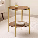 Round Glass End Table, Mid-Century Modern Design Sofa Table for Living Room, D18 x H23, 2-Tier Structure, Amber Glass Top and Walnut Shelf, Sleek Conical Legs with Gold Finish Frame by CozyNest Decor