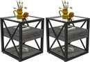 Farmhouse End Table Set of 2, Modern Side Table with Drawer&3-Tier Storage Shelf, Square Rustic Nightstand, Accent Tea Table, for Bedroom Office Living Room, Grey, Natural Wood, Glass, Metal by CozyNest Decor