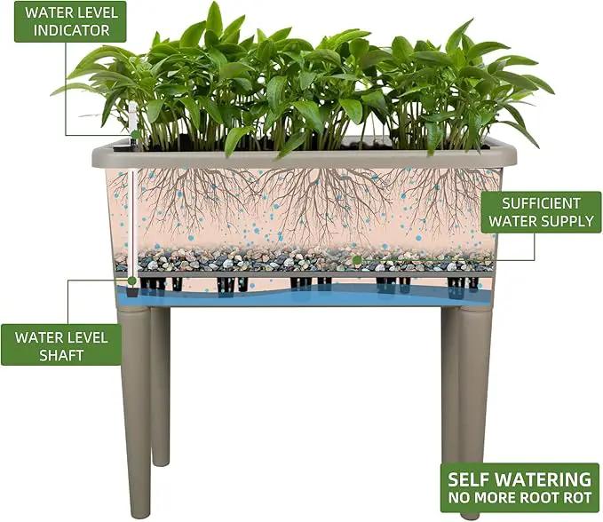 Dexceder 13.2 Gallon Self Watering Raised Garden Bed with Ventilation Transparent Lid Greenhouse, Deepen Vegetable Flower Box Planter Pot with Removeble Legs&Water Level Indicator (Light Brown), photo 2 of 6