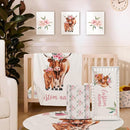 Personalized Nursery Crib Bedding Set: Custom Name Pink Flower 5 Piece Baby Crib Sets with Highland Cow Pattern - Toddler Double Layer Blanket Set, Comfortable Crib Bed Sheets for Baby Grils by TinyTreasures Baby Boutique