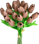Mandy's Artificial Tulips 20 Stems Brown PU Faux Flowers for Wedding Home Decor 13.5 Inch by CozyNest Decor