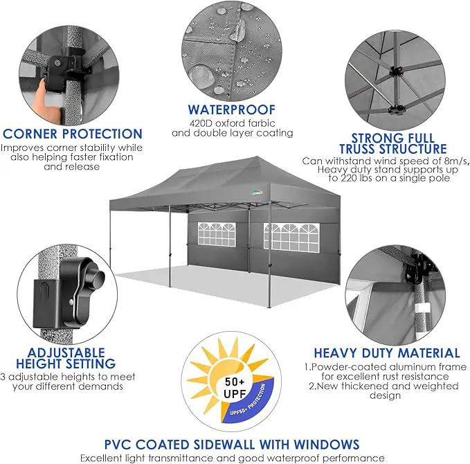 COBIZI 10x20 Canopy with Sidewalls, Heavy Duty Party Tent Pop up carpas para Fiestas, Tents for Parties, Wedding, Outdoor Ez up Foldable Portable Canopy Tent with Wheeled Bag, Grey(Windproof Upgrade), photo 4 of 7