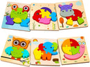SKYFIELD Wooden Animal Puzzles for 1 2 3 Years Old Boys Girls, Toddler Educational Developmental Toys Gift with 6 Animals Baby Montessori Color Shapes Learning Puzzles by TinyTreasures Baby Boutique