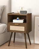 Rattan Nightstand,Modern Bedside Table with Storage Drawer and Open Wood Shelf, for Living Room, Bedroom and Small Spaces, Accent Night Stand with Solid Wood Legs, Easy Assembly,Walnut Brown by CozyNest Decor