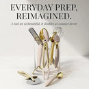 Gold and Beige Kitchen Utensils Set – 8 PC Cooking Gadgets with Mini Gold Whisk and Tongs, Pizza Cutter, Garlic Press, Cheese Grater, Peeler, Can Opener, Scoops – Stylish Beige Kitchen Accessories by CozyNest Decor